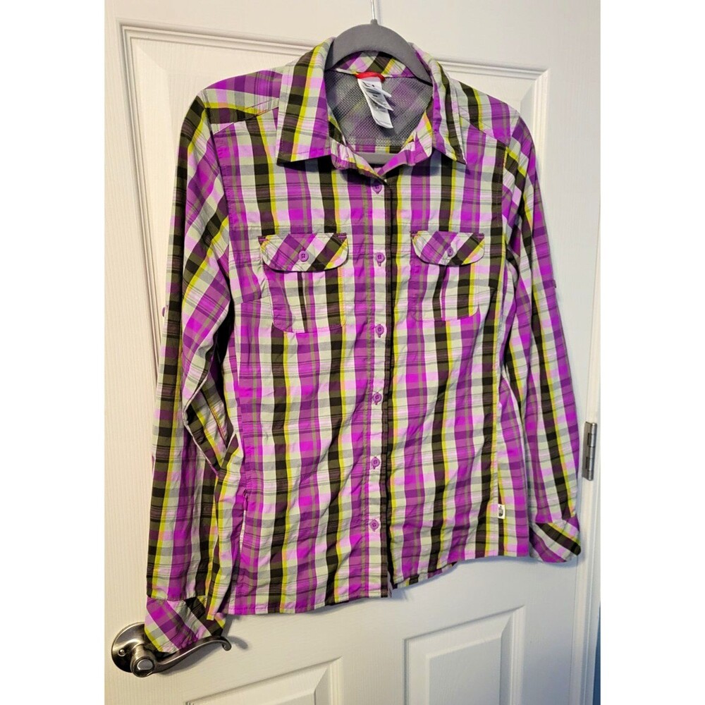 The North Face Women's M VaporWick Plaid Hiking Shirt LS Purple EUC